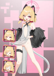 1girl absurdres alternate_costume animal_ear_headphones animal_ears bar_censor bare_shoulders blonde_hair blue_archive bow breasts breasts_apart cat_ear_headphones cat_tail censored chinese_commentary clitoral_hood clothes_lift commentary_request cowboy_shot criss-cross_halter dress evening_gown fake_animal_ears hair_bow halo halter_dress halterneck headphones highres legs_apart lifting_own_clothes loli looking_at_viewer marshal_(artist) mechanical_tail medium_hair momoi_(blue_archive) multiple_expressions no_panties open_mouth pelvic_curtain pelvic_curtain_lift pink_eyes pussy red_bow silver_dress small_breasts smile standing tail thigh_gap thigh_strap
