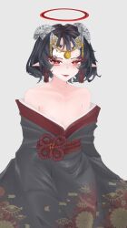 +_+ 1girl absurdres black_hair halo higan_(sarujigu) highres horn_ornament horns japanese_clothes jewelry kimono looking_at_viewer makeup open_clothes open_kimono original pointy_ears red_eyes red_halo sarujigu short_hair simple_background smile