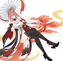 1girl bare_shoulders black_thighhighs breasts changli_(wuthering_waves) cleavage closed_mouth dress full_body gloves hair_between_eyes hair_ornament high_heels highres holding large_breasts long_hair looking_at_viewer multicolored_hair pink_hair sitting smile solo thighhighs tutouzhanshenbozai umbrella white_background white_dress wuthering_waves yellow_eyes