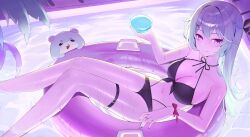 1girl absurdres bare_arms bare_legs bare_shoulders belt bikini black_bikini braid breasts chico_(yuzuha_riko) cleavage closed_mouth cocktail_glass criss-cross_halter cup drinking_glass feet_out_of_frame front-tie_bikini_top front-tie_top g_godocbaek green_hair halterneck hashtag-only_commentary highres holding holding_cup innertube large_breasts long_hair looking_at_viewer mole mole_on_breast multi-strapped_bikini_bottom nail_polish navel pool purple_eyes smile solo stellive stomach straight_hair string_bikini swim_ring swimsuit thigh_belt thigh_strap thighs virtual_youtuber water wet yuzuha_riko
