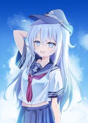 1girl anchor_symbol arm_behind_head arm_up blue_eyes blue_hair blue_hat blue_sailor_collar blue_skirt blush collarbone commentary_request flat_cap grey_hair hair_between_eyes hat hibiki_(kancolle) highres kantai_collection long_hair midriff_peek motohara_moka navel neckerchief open_mouth red_neckerchief sailor_collar school_uniform serafuku shirt short_sleeves skirt smile solo upper_body