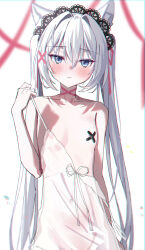 1girl absurdres animal_ears bandaid bandaids_on_nipples blue_eyes blush breasts closed_mouth cross cross_pasties dress highres kakakaka_(pc98times) long_hair looking_at_viewer original pasties small_breasts solo twintails very_long_hair white_dress white_hair