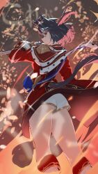 Rule 34 | 1girl, absurdres, animal ears, ass, award ribbon, black hair, blue bow, bow, closed mouth, clothing cutout, commentary request, crown, ear ornament, ear through crown, epaulettes, fiery aura, from behind, highres, holding, holding microphone, horse ears, horse girl, horse tail, jacket, kitasan black (final bloom) (umamusume), kitasan black (umamusume), long sleeves, looking at viewer, microphone, mini crown, multicolored hair, official alternate costume, red eyes, red jacket, sash, short hair, short shorts, shorts, shoulder sash, single epaulette, smile, solo, sparkle, standing, streaked hair, tail, tail through clothes, thighs, two side up, umamusume, waist bow, white hair, white shorts, yakousei a