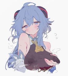 Rule 34 | 1girl, absurdres, ahoge, bare shoulders, bell, black leotard, blue eyes, blue hair, blush, breasts, bunchi, closed mouth, commentary request, covered erect nipples, cropped torso, detached sleeves, flying sweatdrops, ganyu (genshin impact), genshin impact, grabbing own breast, grey background, hair between eyes, highres, horns, lactation, lactation through clothes, large breasts, leotard, long hair, looking at viewer, neck bell, simple background, solo, standing, sweat, upper body, very long hair, white background