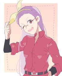 Rule 34 | belt, digimon, glasses, happy, inoue miyako, long hair, looking at viewer, one eye closed, open mouth, pink hair, pixiv user (5330641), ribbon, smile, teeth, wink
