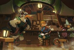 beak bird_boy book breath carol_cao finger_to_mouth goggles hat highres lamp link long_beak mushroom_hat nintendo open_book penn_(zelda) pointy_ears rito shield sitting sword table the_legend_of_zelda the_legend_of_zelda:_tears_of_the_kingdom traysi_(zelda) weapon