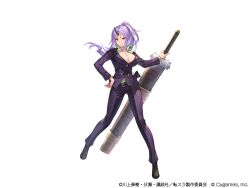 Rule 34 | 1girl, absurdres, belt, black belt, black footwear, black horns, border, breasts, cleavage, formal clothes, full body, granblue fantasy, highres, holding, holding weapon, horns, large breasts, long sleeves, looking at viewer, official art, oni, pants, ponytail, purple eyes, purple hair, purple pants, purple suit, shion (tensura), suit, tensei shitara slime datta ken, weapon
