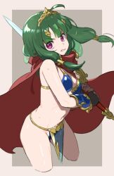1girl ahoge arm_guards armor bikini_armor breasts brown_background cape cowboy_shot cropped_legs etrian_odyssey green_hair hair_ornament hair_tubes head_tilt hero_(sekaiju) hero_2_(sekaiju) highres holding holding_sword holding_weapon long_hair low_twintails medium_hair mya-zawa navel over_shoulder pelvic_curtain pink_eyes red_cape sekaiju_no_meikyuu sekaiju_no_meikyuu_x simple_background small_breasts solo standing sword sword_over_shoulder tiara twintails two-handed two-tone_background variant_set weapon weapon_over_shoulder white_background