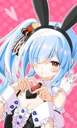 1girl animal_ears bare_shoulders black_hairband black_leotard blue_hair breasts cleavage closed_mouth commentary_request detached_sleeves don-chan_(usada_pekora) eyes_visible_through_hair fake_animal_ears hair_over_one_eye hairband hands_up heart heart_hands highres hololive kiritoma leotard long_hair looking_at_viewer pink_background polka_dot polka_dot_background puffy_short_sleeves puffy_sleeves rabbit-shaped_pupils rabbit_ears red_eyes short_sleeves side_ponytail small_breasts solo symbol-shaped_pupils upper_body usada_pekora usada_pekora_(furi_furi_bunny_dress) virtual_youtuber white_sleeves wrist_cuffs