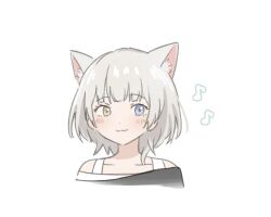 1girl :3 animal_ears bang_dream! bang_dream!_it&#039;s_mygo!!!!! blue_eyes blush cat_ears cat_girl collarbone commentary heterochromia kaname_raana kemonomimi_mode looking_at_viewer m_(226mmy) musical_note raana_the_cat short_hair simple_background solo upper_body white_background white_hair yellow_eyes