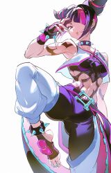 1girl baggy_pants black_hair bracelet breasts collar commentary drill_hair fingerless_gloves gloves hair_horns han_juri highres jewelry kiriko_(overwatch) looking_at_viewer medium_breasts midriff multicolored_hair navel overwatch pants purple_eyes road_233 short_hair solo spiked_anklet spiked_bracelet spiked_collar spikes street_fighter street_fighter_6 toeless_legwear twin_drills