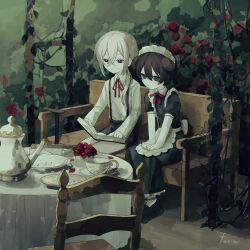 2boys animal_ears apron bench black_dress black_shorts book bow bowtie cane chair collared_shirt crossdressing cup dog_boy dog_ears dress flower fuvin hair_between_eyes hair_over_shoulder hands_on_lap highres holding holding_book long_dress low_ponytail maid maid_apron maid_headdress male_focus multiple_boys original outdoors plate ponytail red_flower red_rose rose shirt short_shorts shorts signature suspender_shorts suspenders table tablecloth teacup teapot trap white_apron white_hair