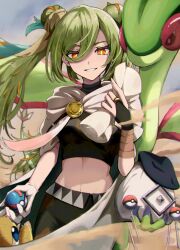1girl absurdres black_shirt cape claws commentary_request crossover day dragon dragon_wings eyelashes flygon flying gen_1_pokemon gen_3_pokemon gloves great_ball green_hair grin ground_miku_(project_voltage) hair_between_eyes hatsune_miku highres holding holding_poke_ball long_hair looking_at_viewer nintendo orange_eyes outdoors poke_ball pokemon pokemon_(creature) project_voltage sandshrew shirt smile takayou teeth twintails very_long_hair vocaloid wings yellow_pupils