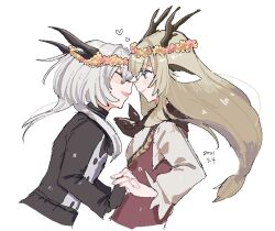 2girls alina_(arknights) animal_ears antlers arknights ascot black_eyes blonde_hair blue_eyes blush deer_antlers deer_ears deer_girl dragon_girl dragon_horns dragon_tail flower grey_hair hair_between_eyes hair_flower hair_ornament heart horns jacket kawaii_inu5 long_hair looking_at_another multiple_girls multiple_views shirt short_hair tail talulah_(arknights) yuri