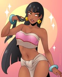 1girl black_hair brown_eyes chel_(el_dorado) dangerousbride dark-skinned_female dark_skin earrings highres jewelry loincloth long_hair looking_at_viewer mayan_clothes navel parted_lips solo strapless the_road_to_el_dorado tube_top
