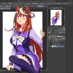 1girl animal_ears back_bow bow bowtie brown_hair clip_studio_paint commentary english_text frilled_skirt frills highres horse_ears horse_girl horseshoe_ornament knee_up long_hair long_sleeves masaki_(masaki_470) miniskirt multicolored_hair open_mouth pleated_skirt purple_eyes purple_sailor_collar purple_shirt purple_skirt purple_thighhighs sailor_collar school_uniform serafuku shirt skirt solo streaked_hair symboli_rudolf_(umamusume) thighhighs through_medium tracen_school_uniform umamusume white_bow white_bowtie white_hair