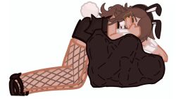 bonkerskills brown_hair carmine_(gacha) cuff_links fishnet_thighhighs fishnets gacha_(series) glasses leotard long_hair playboy_bunny thighhighs vore