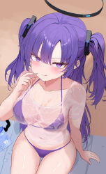 1girl absurdres alternate_costume bikini blue_archive blush breasts cleavage closed_mouth covered_navel eikawa_suru finger_to_face hair_between_eyes highres large_breasts licking_lips long_hair looking_at_viewer purple_bikini purple_eyes purple_hair see-through_clothes see-through_shirt shirt sidelocks sitting smile swimsuit tongue tongue_out two_side_up wet wet_clothes wet_shirt yuuka_(blue_archive)