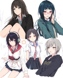 2025 5girls ahoge black_cardigan black_hoodie black_necktie blue_hair blue_skirt breasts brown_hair bullfalk cardigan character_request collared_shirt commentary_request copyright_request cropped_torso dated diagonal-striped_clothes diagonal-striped_necktie dress_shirt fanny_pack frown gakuen_idolmaster glasses green_eyes green_jacket green_necktie headphones headphones_around_neck highres hinomori_shiho hood hooded_jacket hoodie idolmaster idolmaster_cinderella_girls jacket long_hair mashiro_yu medium_breasts multiple_girls necktie open_mouth parted_lips pleated_skirt project_sekai red-framed_eyewear red_eyes red_necktie school_uniform shibuya_rin shirt short_hair simple_background skirt striped_clothes white_background white_jacket white_shirt