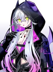 1girl absurdres black_jacket body_markings breasts candy choker crossed_bangs demon_girl demon_horns demon_wings ear_piercing fate/grand_order fate_(series) food green_eyes grey_hair hair_between_eyes highres hood horns jacket lilith_(fate) lilith_(first_ascension)_(fate) lollipop long_hair long_sleeves looking_at_viewer medium_breasts piercing revision sakuma_kou sidelocks solo tongue tongue_out wings
