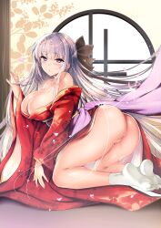 Rule 34 | absurdres, ass, blush, braid, breasts, cleavage, closed mouth, collarbone, commentary, detached sleeves, floral print, floral print kimono, flower, grey hair, hair flower, hair ornament, hair ribbon, hand in own hair, highres, japanese clothes, kimono, kneeling, large breasts, long hair, looking at viewer, ninoko, no panties, obi, original, print kimono, purple eyes, red kimono, ribbon, sakurase shino (ninoko), sash, sidelocks, socks, symbol-only commentary, thighs, very long hair, white socks, wide sleeves