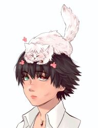 1girl animal animal_on_head black_hair cat cat_on_head commentary cross_scar devil_may_cry devil_may_cry_(series) devil_may_cry_3 english_commentary facial_scar green_eyes heterochromia jewelry jumpoon lady_(devil_may_cry) necklace on_head pink_lips red_eyes scar scar_on_cheek scar_on_face shirt short_hair white_shirt