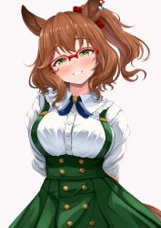 1girl absurdres animal_ears aston_machan_(umamusume) black_ribbon blush breasts brown_hair buttons closed_mouth commentary_request cowboy_shot double-breasted ear_ornament full_body glasses green_skirt hachi7515 hair_between_eyes highres horse_ears horse_girl horse_tail long_sleeves looking_at_viewer medium_breasts one_side_up red-framed_eyewear red_scrunchie ribbon scrunchie semi-rimless_eyewear shirt short_hair simple_background skirt smile solo tail umamusume white_background white_shirt yellow_eyes