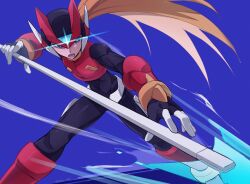 1boy armor blonde_hair blue_background blue_eyes energy_blade feet_out_of_frame forehead_jewel helmet highres holding holding_polearm holding_weapon long_hair male_focus mega_man_(series) mega_man_zero_(series) polearm red_armor red_helmet simple_background solo spear vani_(hisha_04) weapon zero(z)_(mega_man) zero_(mega_man)