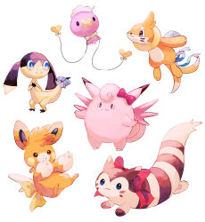 :&gt; absurdres animal_feet animal_focus animal_hands bow bowtie buizel clefable drifloon furret gen_1_pokemon gen_2_pokemon gen_4_pokemon gen_6_pokemon helioptile highres nintendo no_humans pawmot pink_bow pink_bowtie pokemon pokemon_(creature) red_bow red_bowtie simple_background solid_circle_eyes solid_oval_eyes su_(sajo_su5) white_background white_bow white_bowtie yellow_bow yellow_bowtie