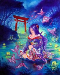 1girl bug butterfly commentary english_commentary fish flower hair_flower hair_ornament insect japanese_clothes katana kimono lantern long_hair marvel meghan_hetrick nature night obi outdoors painting_(medium) pink_butterfly psylocke purple_hair rope sandals sash shimenawa solo stairs stone_lantern sword torii traditional_media tree water weapon x-men