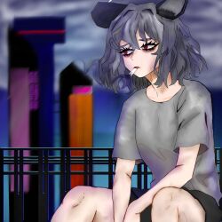 1girl animal_ears cigarette depressed grey_hair grey_shirt highres nazrin red_eyes sad shirt short_hair short_sleeves sitting smoking solo t-shirt touhou