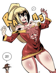 Rule 34 | 2girls, abs, accidental exposure, alternate muscle size, arms up, bare legs, bare shoulders, blonde hair, blue eyes, body blush, braid, breasts, brown hair, bursting breasts, chibi, cleavage, commentary, cosplay, crown braid, darkness (konosuba), dress, english commentary, english text, female focus, hair between eyes, hat, high ponytail, highres, jitome, kono subarashii sekai ni shukufuku wo!, kukuruyo, large breasts, linea alba, long hair, long sleeves, megumin, megumin (cosplay), multiple girls, muscular, muscular female, off-shoulder dress, off shoulder, open mouth, ponytail, red dress, shadow, short dress, simple background, solo focus, sound effects, speech bubble, surprised, sweat, thighs, torn clothes, transformation, watermark, white background, wide-eyed, witch hat