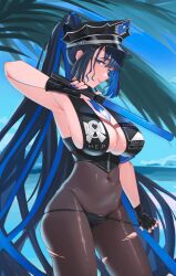 1girl absurdres between_breasts bikini black_bikini black_gloves black_hair blue_eyes blue_hair blue_nails blue_necktie blue_sky breasts closed_mouth colored_inner_hair covered_navel day eipanguino fingerless_gloves gloves hat highres holding_baton hololive hololive_english large_breasts multicolored_hair necktie necktie_between_breasts ouro_kronii peaked_cap sky solo swimsuit virtual_youtuber
