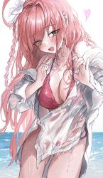 1girl bikini blue_archive blush bow braid breasts green_eyes hair_bow hanako_(blue_archive) hanako_(swimsuit)_(blue_archive) highres large_breasts long_hair ocean open_clothes open_mouth open_shirt pink_hair saya_(mychristian2) solo swimsuit white_bow