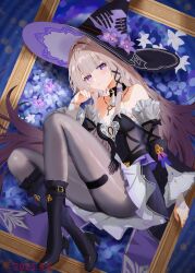 1girl absurdres black_boots black_dress black_pantyhose boots breasts brown_hair commentary_request dated detached_sleeves dress hat herta_(honkai:_star_rail) high_heel_boots high_heels highres honkai:_star_rail honkai_(series) jewelry key key_necklace long_hair looking_at_viewer lying necklace on_side painting_(object) pantyhose picture_frame purple_eyes small_breasts solo the_herta_(honkai:_star_rail) very_long_hair witch_hat yi_ming_lan_qu