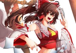 1girl :d ahoge armpits ascot bare_shoulders between_fingers bow breasts brown_hair collar cowboy_shot detached_collar detached_sleeves frilled_bow frilled_collar frilled_hair_tubes frills gohei hair_between_eyes hair_bow hair_tubes hakurei_reimu hand_up highres holding holding_gohei long_hair looking_to_the_side medium_breasts midriff nuru_himmel ofuda ofuda_between_fingers open_mouth print_bow red_bow red_eyes red_ribbon red_shirt ribbon sarashi shirt sideboob sidelocks simple_background sleeve_bow sleeve_ribbon sleeveless sleeveless_shirt smile solo teeth torii touhou two-tone_sleeves white_background yellow_ascot