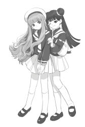 2girls aisikadan cardcaptor_sakura child daidouji_tomoyo highres li_meiling multiple_girls one_eye_closed sailor_collar school_uniform simple_background skirt smile tomoeda_elementary_school_uniform white_background