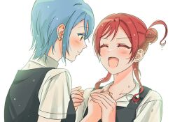 Rule 34 | 2girls, blue hair, blush, closed eyes, closed mouth, collared shirt, colored eyelashes, earrings, facing another, hair bun, hand grab, hands up, highres, idgukgu, jewelry, looking at another, love live!, love live! superstar!!, multiple girls, open mouth, red eyes, red hair, school uniform, shirt, short hair, short hair with long locks, short sleeves, simple background, single hair bun, smile, stud earrings, upper body, wakana shiki, wet, wet clothes, white background, yoneme mei, yuigaoka school uniform