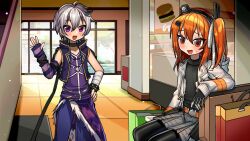 2girls a.i._voice adachi_rei arm_rest arm_warmers bag bandaged_arm bandages belt bench black_gloves black_hair black_pantyhose black_shirt blush building choker comic day flower_(vocaloid) flower_(vocaloid4) gloves grey_shirt hair_ribbon hand_on_own_hip hand_up headlamp highres indoors jacket kakosa_sama multicolored_hair multiple_girls on_bench open_clothes open_jacket open_mouth orange_belt orange_eyes orange_hair pants pantyhose poster_(object) purple_arm_warmers purple_eyes purple_jacket purple_pants purple_shirt radio_antenna ribbon segmented_comic shirt shop shopping shopping_bag side_ponytail single_arm_warmer sitting skirt standing streaked_hair tree two-tone_hair utau vocaloid white_gloves white_hair white_jacket
