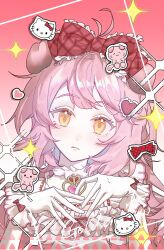 Rule 34 | 1girl, absurdres, animal ears, arknights, bow, character name, chinese commentary, closed mouth, commentary request, expressionless, frilled bow, frills, gloves, goldenglow (arknights), goldenglow (party in the garden) (arknights), hair bow, hair ornament, heart, heart hair ornament, hello kitty, hello kitty (character), highres, long hair, looking at viewer, official alternate costume, partial commentary, pink gemstone, pink hair, plaid bow, red bow, sanrio, solo, sparkle, upper body, white gloves, xiao e caomei dangao, yellow eyes
