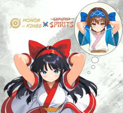 Rule 34 | 2girls, adjusting hair, ainu clothes, armpits, arms behind head, black hair, blush, breasts, brown eyes, brown hair, hair ribbon, highres, imitating, legs, long hair, looking at viewer, medium breasts, multiple girls, nakoruru, pants, ribbon, rimururu, samurai spirits, siblings, sisters, smile, snk, thighs, thinking, very long hair, wangzhe rongyao