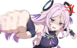 1girl absurdres anger_vein bare_shoulders blue_eyes blurry blush braid breasts citlali_(genshin_impact) depth_of_field elbow_gloves fingerless_gloves genshin_impact gloves highres incoming_attack incoming_punch jhp987 long_hair looking_at_viewer open_mouth pink_hair punching sleeveless solo white_background