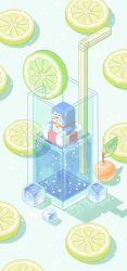 Rule 34 | ^ ^, animal collar, banban953, bell, blue background, cat, cherry, chinese commentary, closed eyes, closed mouth, collar, commentary request, cup, doraemon, doraemon (character), drinking straw, food, fruit, happy, highres, ice, ice cube, in container, in cup, lifebuoy, light particles, lime (fruit), lime slice, minecraft, neck bell, no humans, parody, red collar, shadow, smile, style parody, swim ring