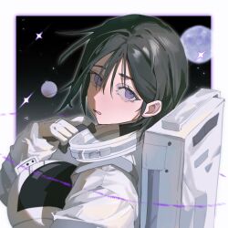 Rule 34 | 1girl, absurdres, alien stage, black hair, border, chinese commentary, commentary, from side, helmet, highres, open mouth, outside border, planet, procreate (medium), purple eyes, short hair, solo, space, space helmet, spacesuit, star (sky), sua (alien stage), white border, xiao gou kongtiao