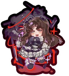 1girl :d animal_ears bear_ears blue_eyes brown_hair chibi dress e.g.o_(project_moon) full_body grey_dress grey_shoes hex_nail_(e.g.o) hurting_teddy_bear limbus_company long_hair long_sleeves looking_at_viewer nail_(hardware) open_mouth parted_bangs project_moon red_yarn rodion_(project_moon) roier shoes simple_background smile standing stitches stuffing white_background