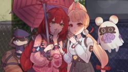 2girls alice_thymefield bangboo_(zenless_zone_zero) black_choker black_hat black_sailor_collar cardigan chest_bow choker collared_shirt green_eyes hair_ornament hat heterochromia highres holding holding_umbrella long_hair multiple_girls parted_lips pink_cardigan ploomie pom_pom_(clothes) pom_pom_hair_ornament raccoon red_hair red_umbrella sailor_collar school_uniform shirt twintails ukinami_yuzuha umbrella upper_body white_shirt zenless_zone_zero