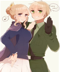 1boy 1girl axis_powers_hetalia belt black_belt black_gloves black_necktie blonde_hair blue_jacket blush breast_pocket breasts cape closed_mouth collared_shirt commentary_request cowboy_shot crown earrings english_text fingernails france_(female)_(hetalia) france_(hetalia) from_side genderswap genderswap_(mtf) gloves green_eyes green_jacket green_shirt hair_bun hand_on_own_hip hand_up jacket jewelry lapels long_sleeves looking_at_viewer medium_breasts military_jacket military_uniform mini_crown musical_note necktie ninonuko pink_lips pocket purple_cape purple_eyes shirt short_hair sidelocks simple_background skirt smile spoken_musical_note standing sweatdrop teeth united_kingdom_(hetalia) v-shaped_eyebrows white_background white_skirt