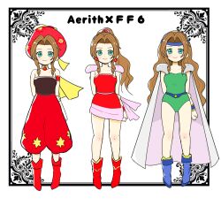 absurdres aerith_gainsborough bare_shoulders brown_hair cape celes_chere celes_chere_(cosplay) cosplay dress final_fantasy final_fantasy_vi final_fantasy_vii final_fantasy_vii_ever_crisis highres jewelry long_hair parted_bangs ponytail relm_arrowny relm_arrowny_(cosplay) sash song30133 strapless strapless_dress terra_branford_(cosplay) tina_branford tube_dress waist_sash