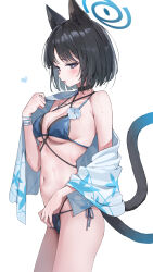 1girl animal_ears bikini black_hair black_tail blue_archive blue_bikini blue_halo blue_tail breasts cat_ears cat_girl cat_tail colored_inner_animal_ears criss-cross_halter criss-cross_straps gradient_tail halo halterneck highres huwari_(dnwls3010) kikyou_(blue_archive) kikyou_(swimsuit)_(blue_archive) layered_bikini medium_breasts multiple_tails navel official_alternate_costume short_hair sideboob solo stomach swimsuit tail two_tails underboob
