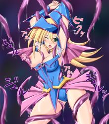 1girl bare_legs bare_shoulders bdsm blonde_hair bondage bound breasts dark_magician_girl duel_monster female_focus forced futami_masaki gradient_background hat highres large_breasts long_hair nipples no_bra sweat tears tentacles trembling wizard_hat yu-gi-oh! yu-gi-oh!_duel_monsters